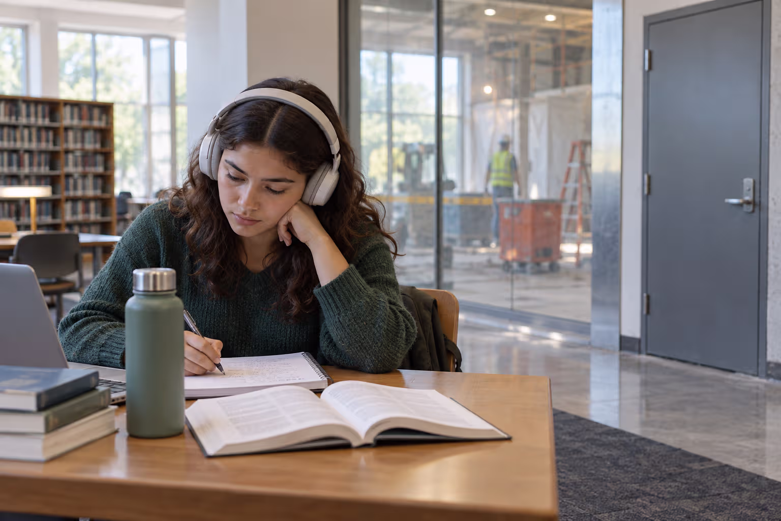 A student studies in a library beside a renovation area