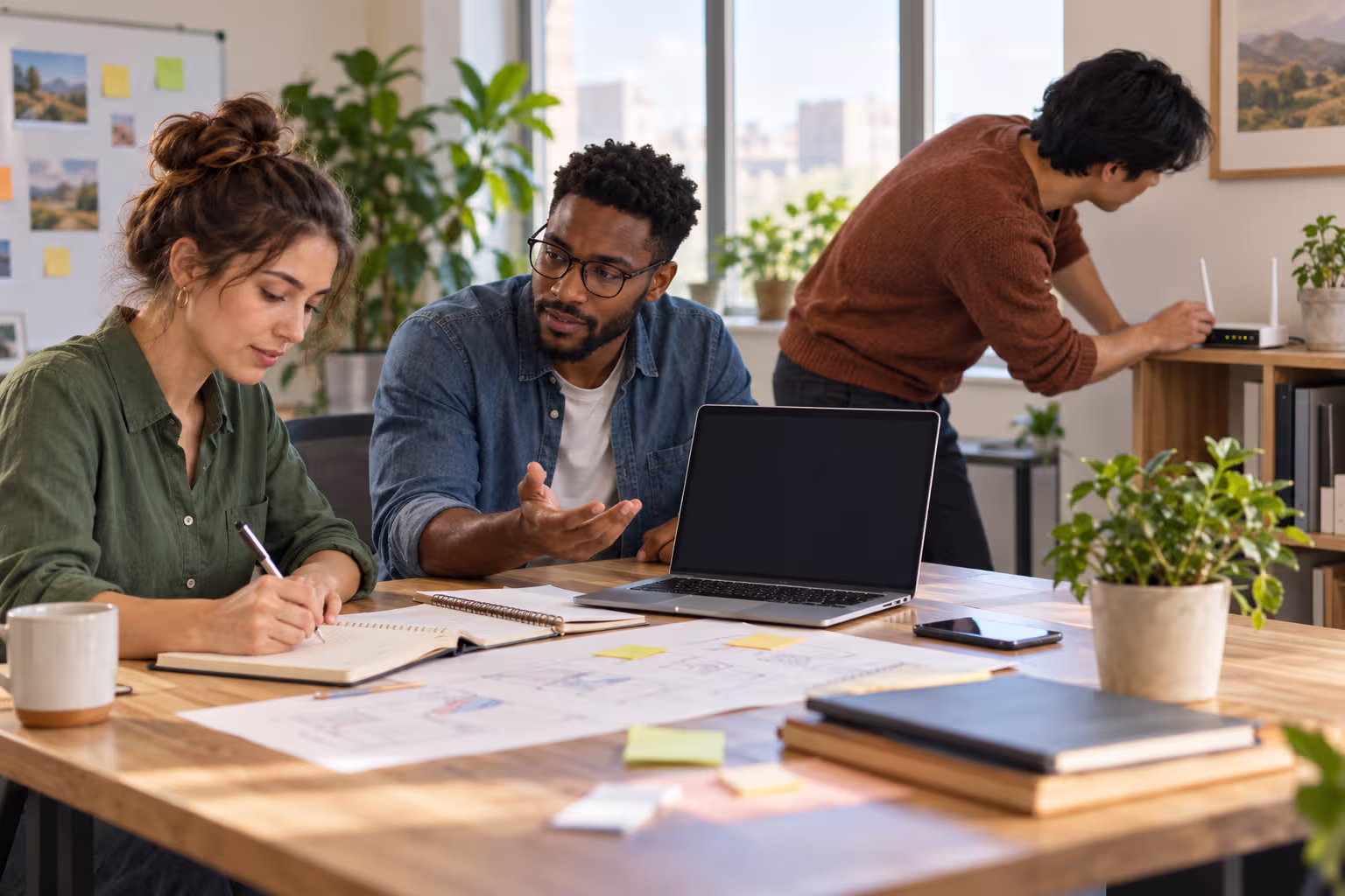 Coworkers adapt their project plan while a laptop is offline