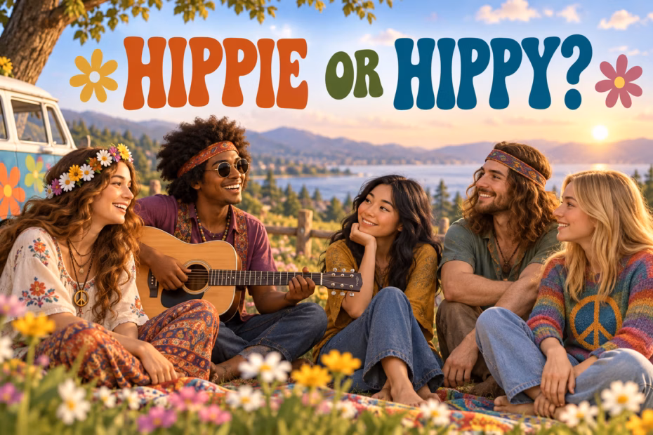 A diverse group of young adults shares music and conversation beneath the words “Hippie or Hippy?”