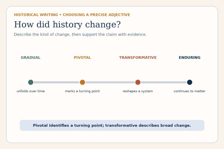 Historical timeline comparing gradual change, a pivotal turning point, transformative change, and enduring impact.