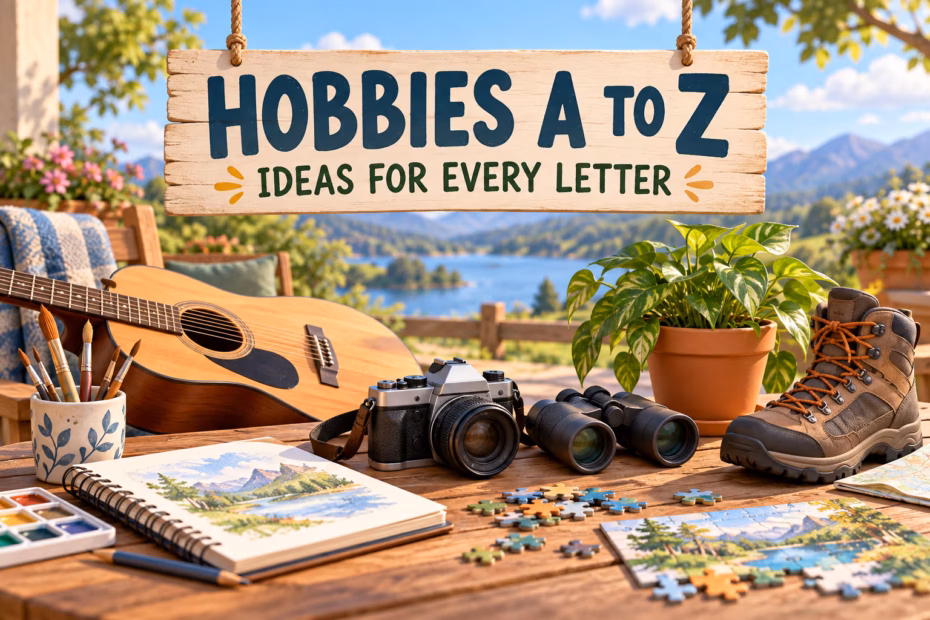 A collage of creative, music, nature, gardening, and puzzle activities representing hobby ideas from A to Z