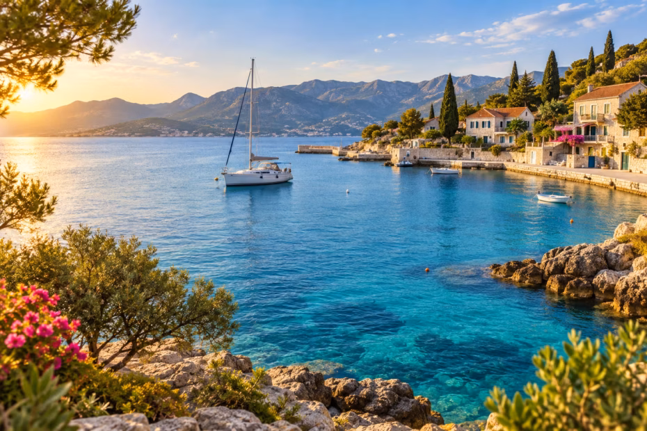 A sunlit Mediterranean harbor with turquoise water, sailboats, and hillside homes, suggesting a scenic seaside holiday.