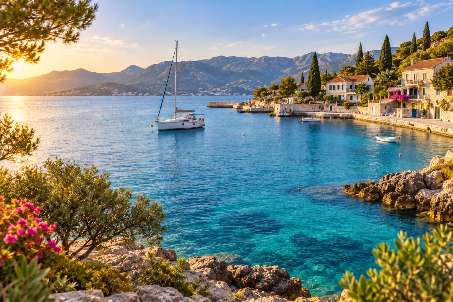 A sunlit Mediterranean harbor with turquoise water, sailboats, and hillside homes, suggesting a scenic seaside holiday.