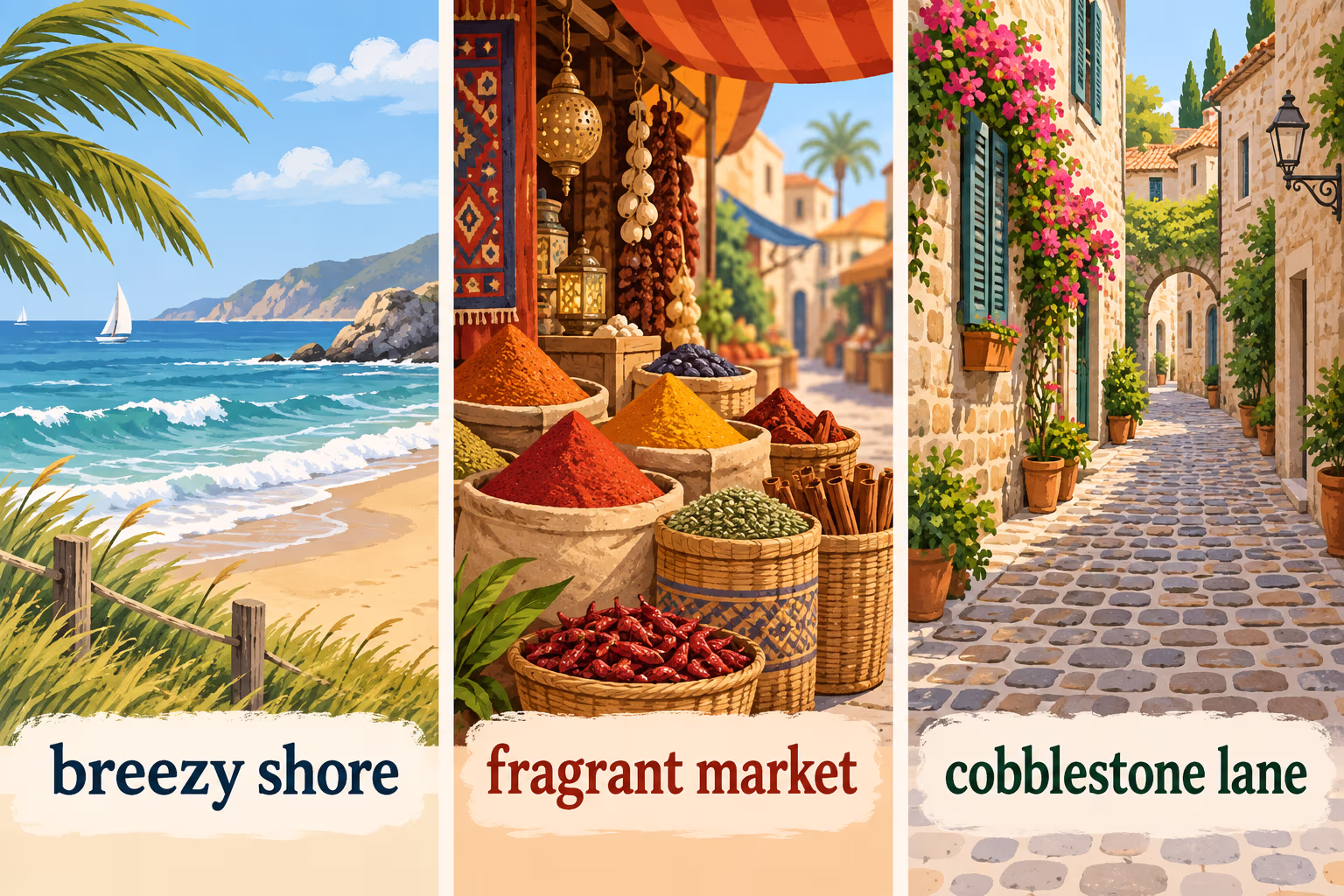 Three distinct holiday moods: a tranquil lake at sunset, a lively night market, and a challenging mountain hike.