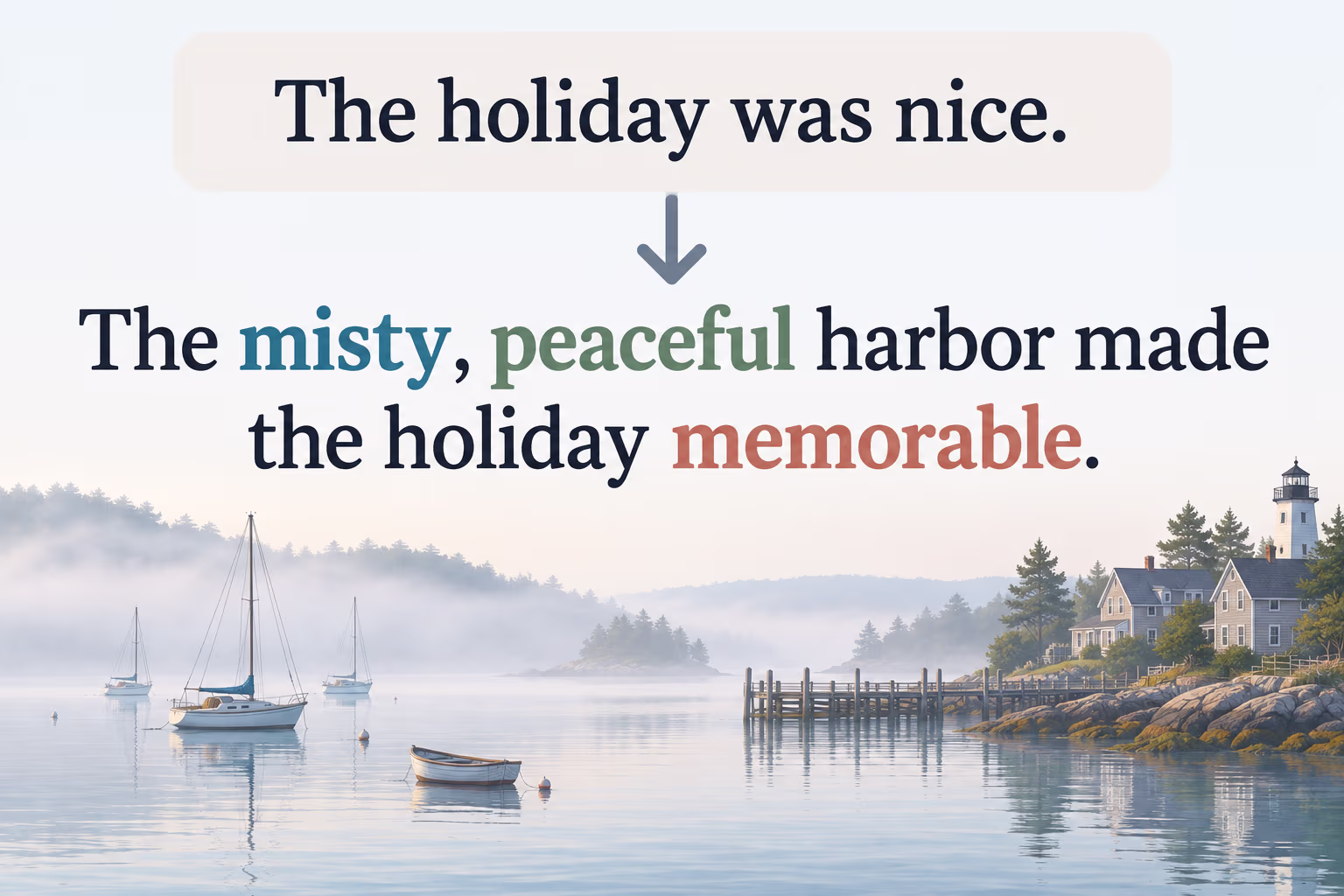 Vocabulary examples connect sensory adjectives to travel details: a breezy shore, a fragrant market, and a cobblestone lane.