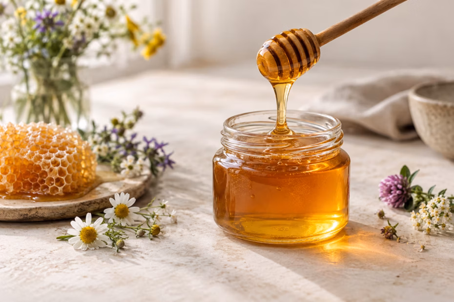 A glass jar of amber honey with a wooden dipper, honeycomb, and small blossoms on a light tabletop.