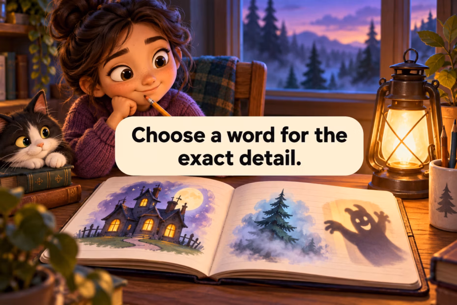 Storybook writing desk with an eerie house illustration and a thoughtful young writer. Text: “Choose a word for the exact detail.”