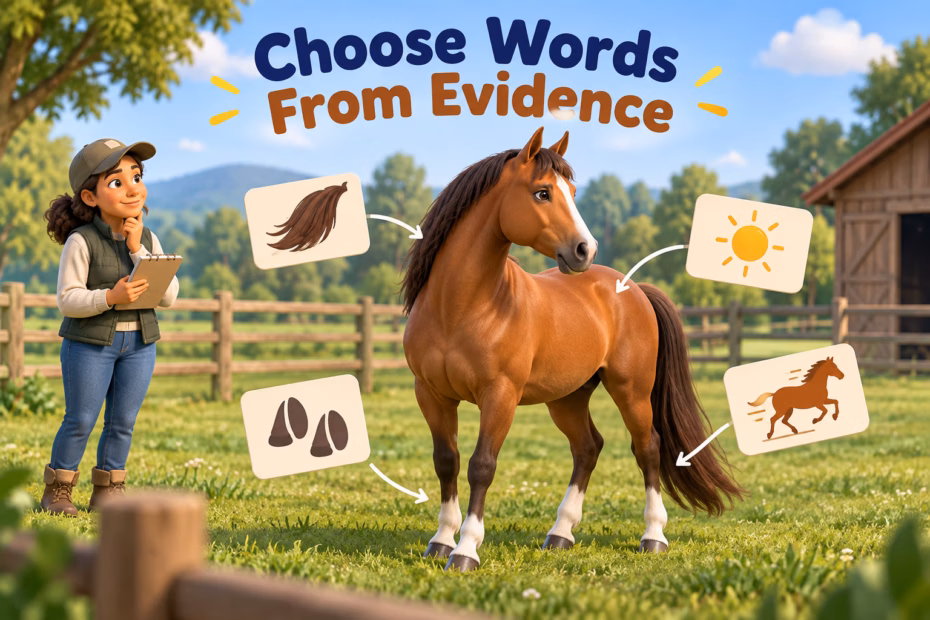 An observer watches a horse in a paddock and considers its coat, posture, and movement before choosing words.