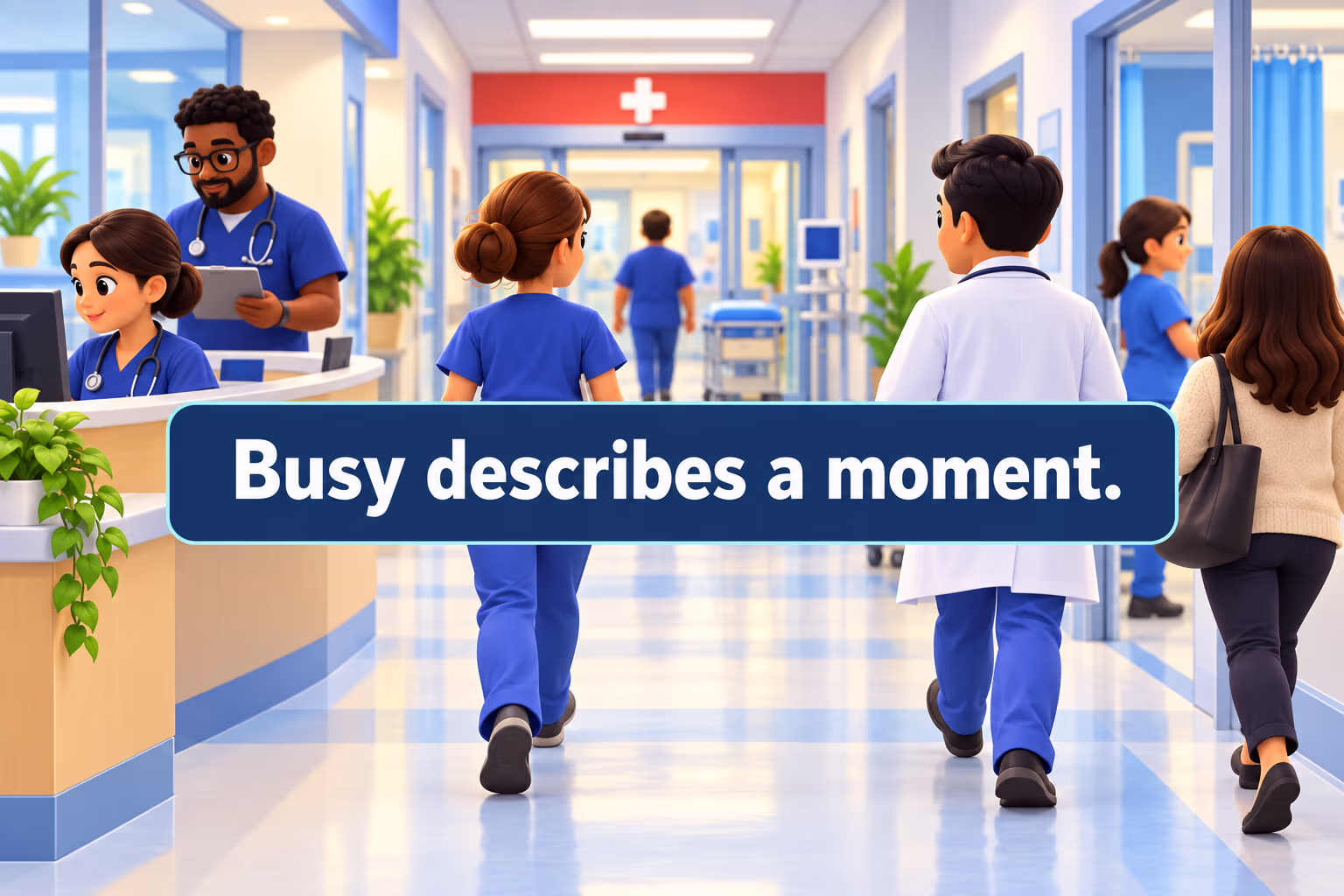 A hospital corridor with a few people moving through it; the caption distinguishes a busy moment from a judgment about the whole hospital.