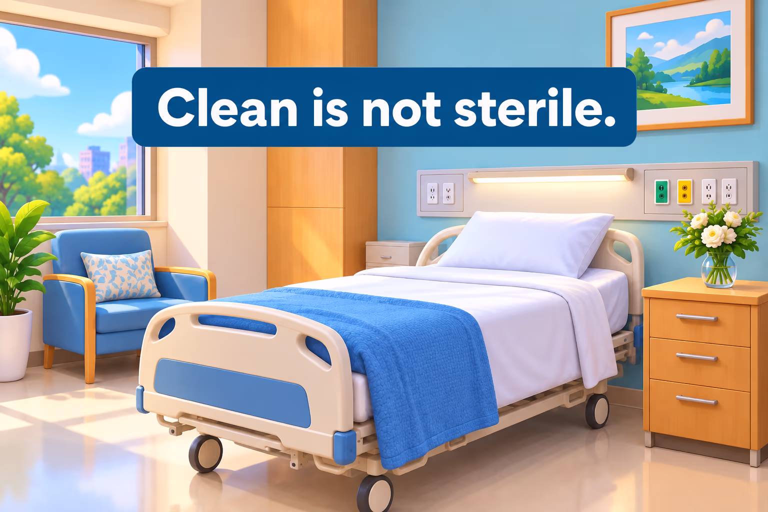 A clean-looking hospital room with a visible bedside table; visible tidiness is not proof that an area is sterile.
