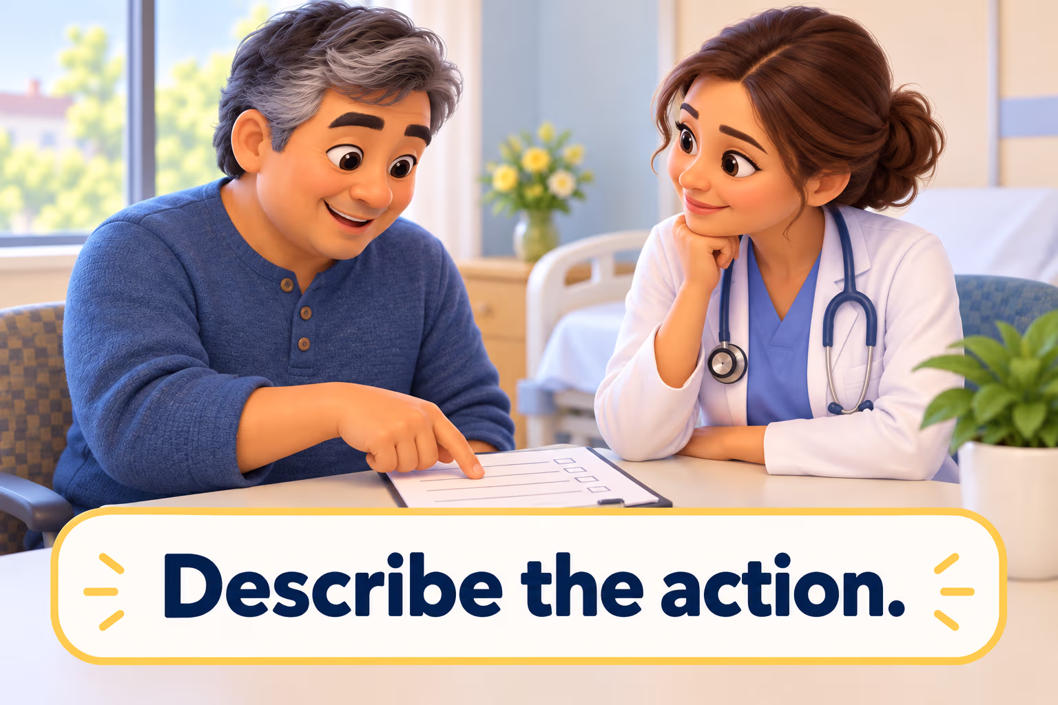 A clinician listens while a patient points to a written question; the example grounds compassionate care in a specific interaction.