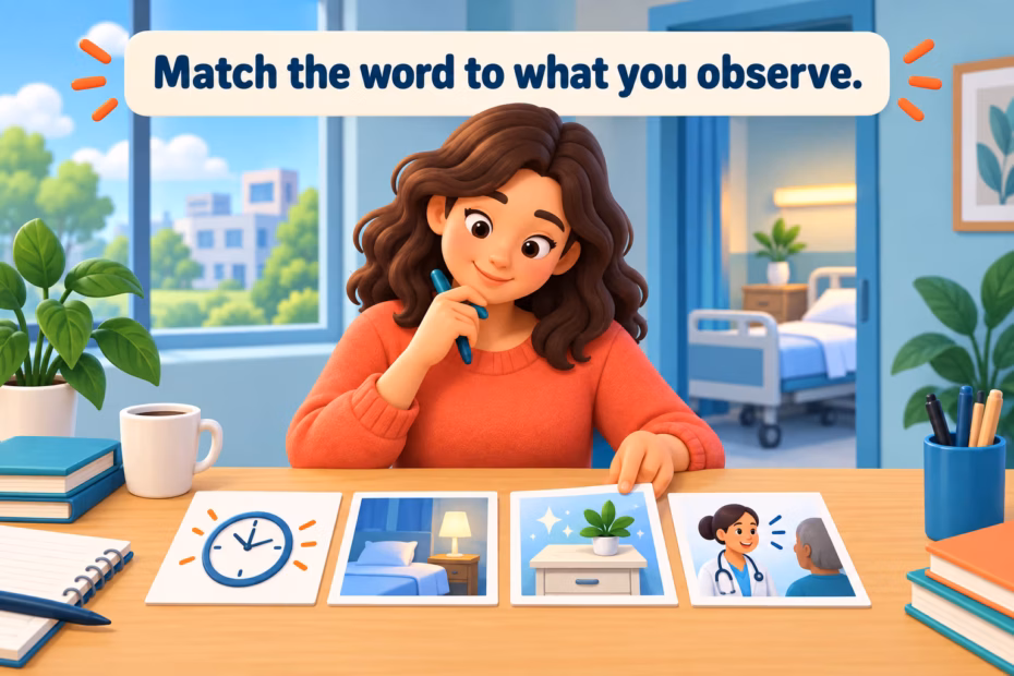 A writer sorts hospital adjectives by what they describe: setting, activity, visible upkeep, or a staff interaction.