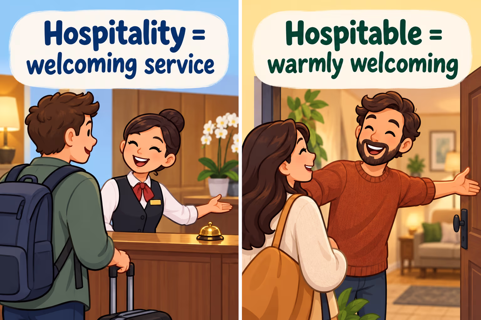 A two-panel illustration shows hospitality as welcoming service and hospitable as warmly welcoming.
