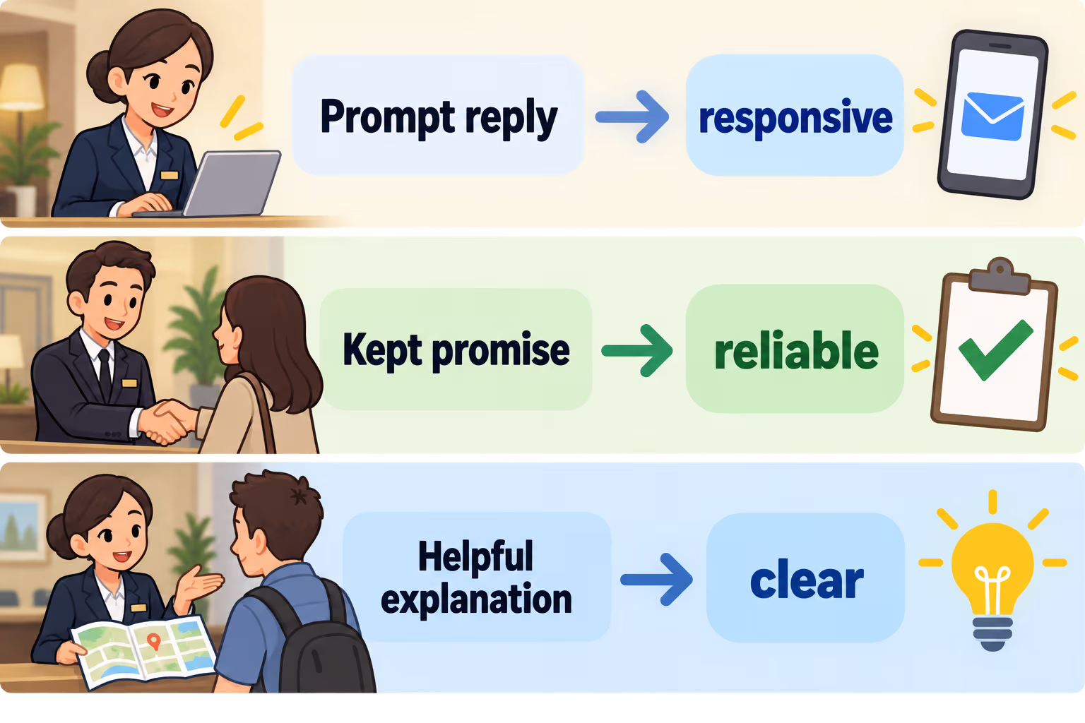 Three hospitality examples link a prompt reply with responsive, a kept promise with reliable, and a helpful explanation with clear.