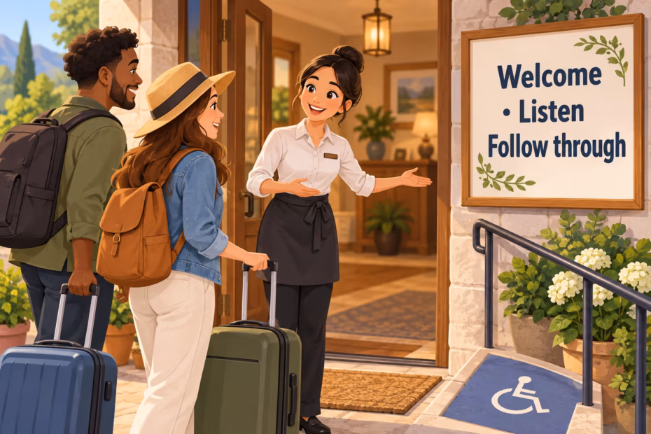 A host welcomes two travelers at a guesthouse beside a sign listing welcome, listening, and follow-through.