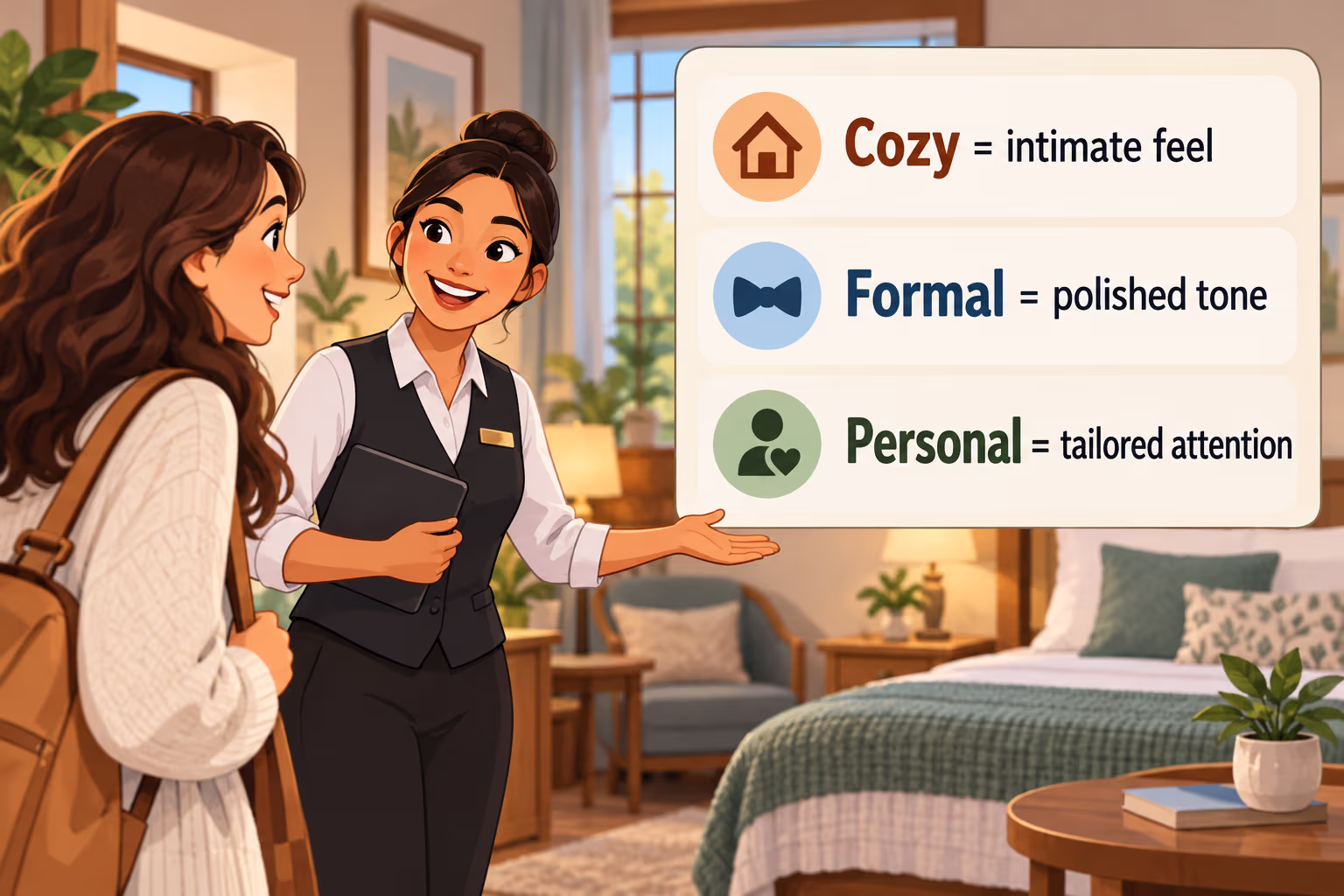 A hospitality word-choice card explains cozy as an intimate feel, formal as a polished tone, and personal as tailored attention.