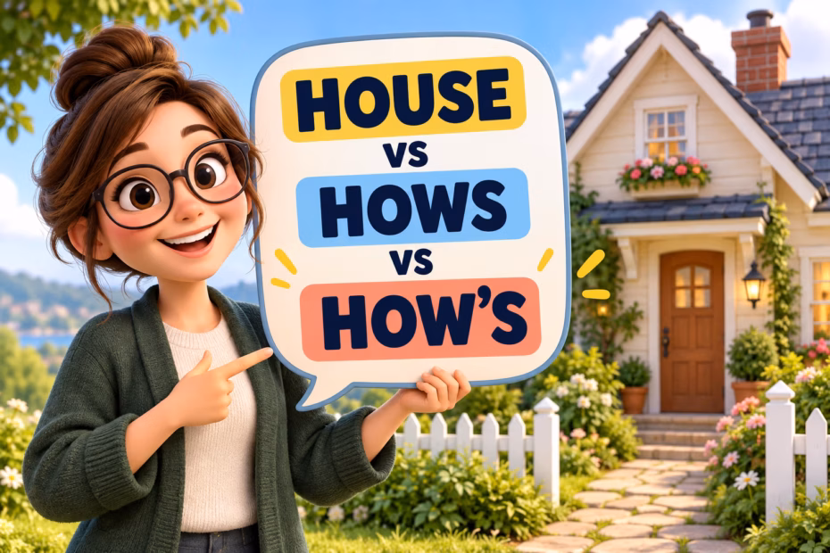 3D animated teacher points to a board reading HOUSE vs HOWS vs HOW’S beside a cozy home.