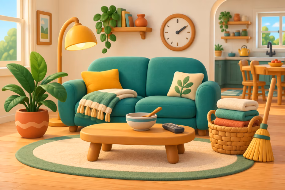 Household items arranged in a colorful animated living room, including a sofa, lamp, towels, basket, broom, bowl, plant, clock, and remote.