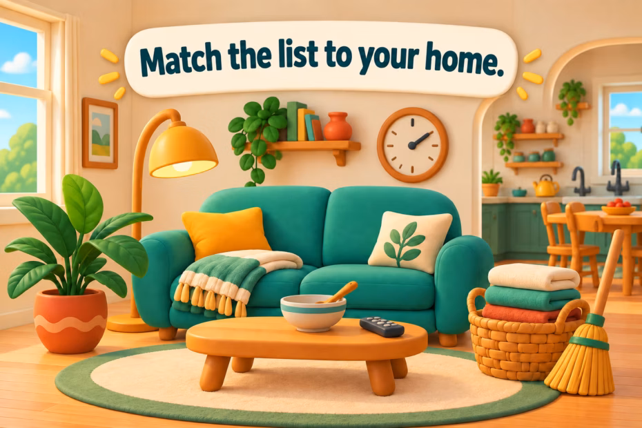Cartoon household scene beneath the banner “Match the list to your home.”