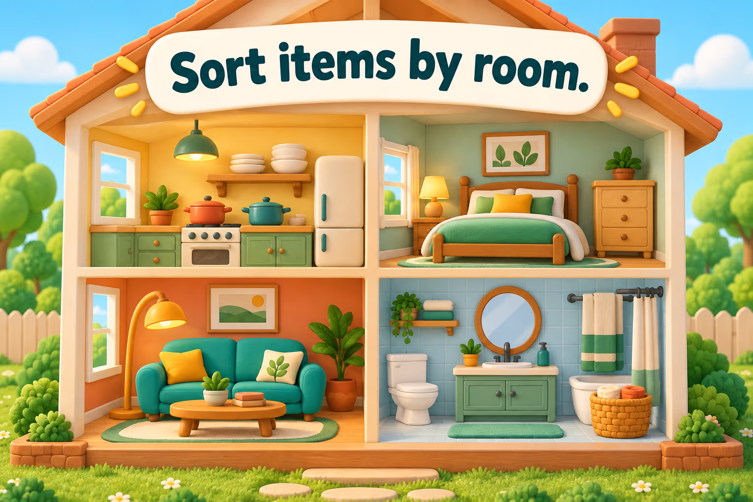 Cartoon dollhouse with the banner ‘Sort items by room.’ above kitchen, bedroom, living room, and bathroom