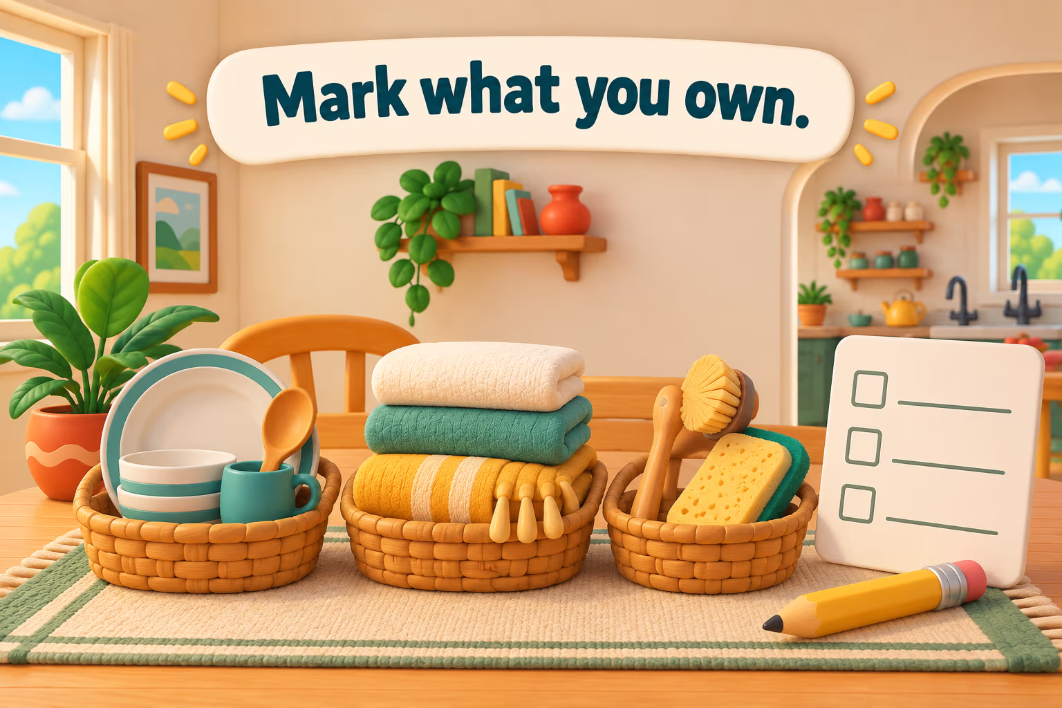 Cartoon household baskets and blank checklist under the banner ‘Mark what you own.’