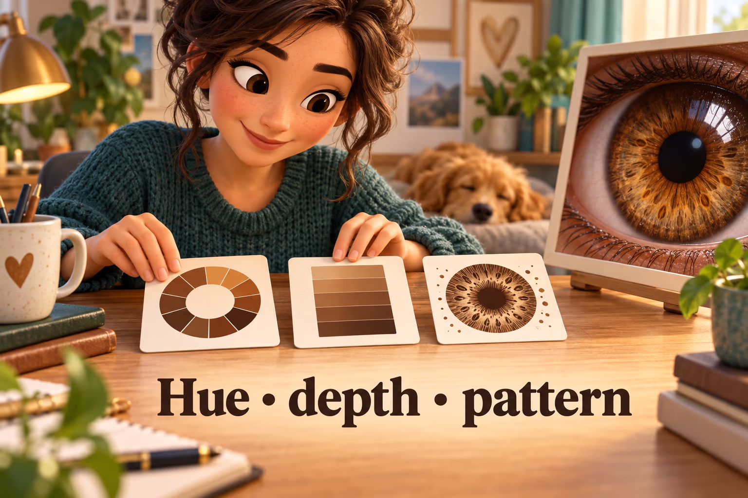 Brown-eye description guide: Hue, depth, and pattern are three observable details.