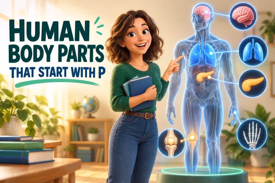 Animated student beside a simplified anatomy model with the title Human Body Parts That Start With P