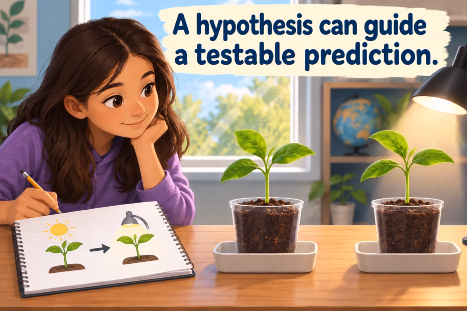 A student compares two seedlings while recording a hypothesis that can guide a testable prediction.