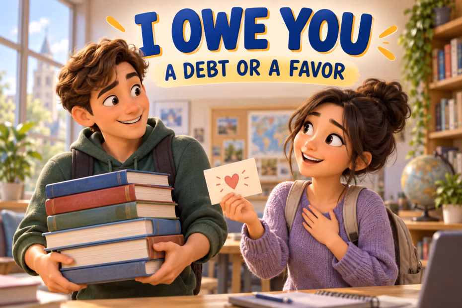 3D illustration of classmates exchanging books and a thank-you card beneath the words I Owe You