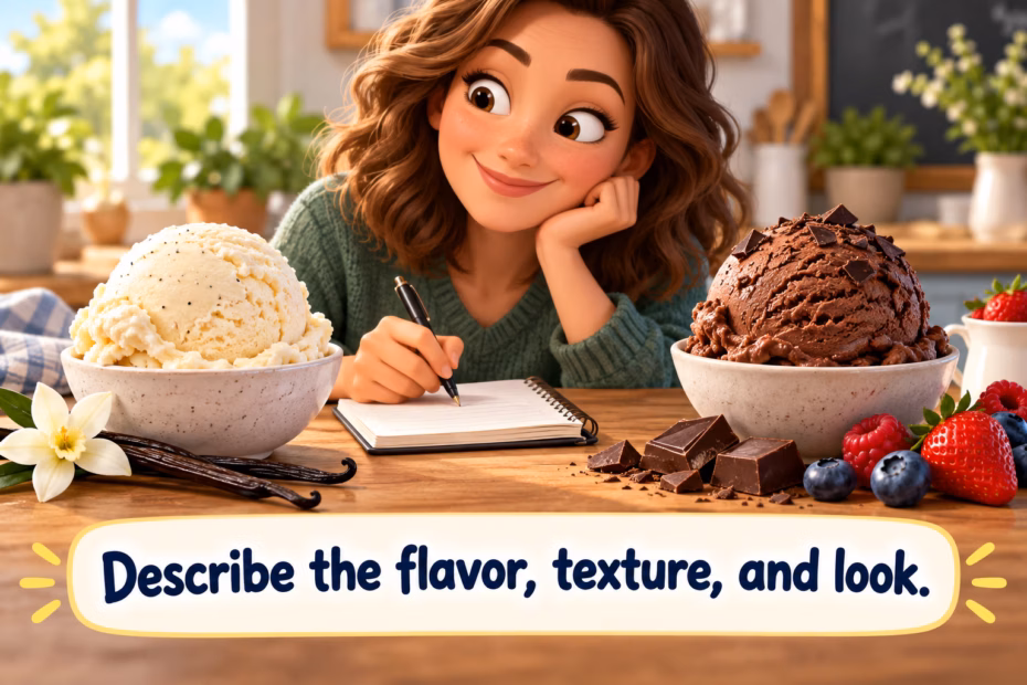 A person compares scoops of ice cream while noting their flavor, texture, and appearance.