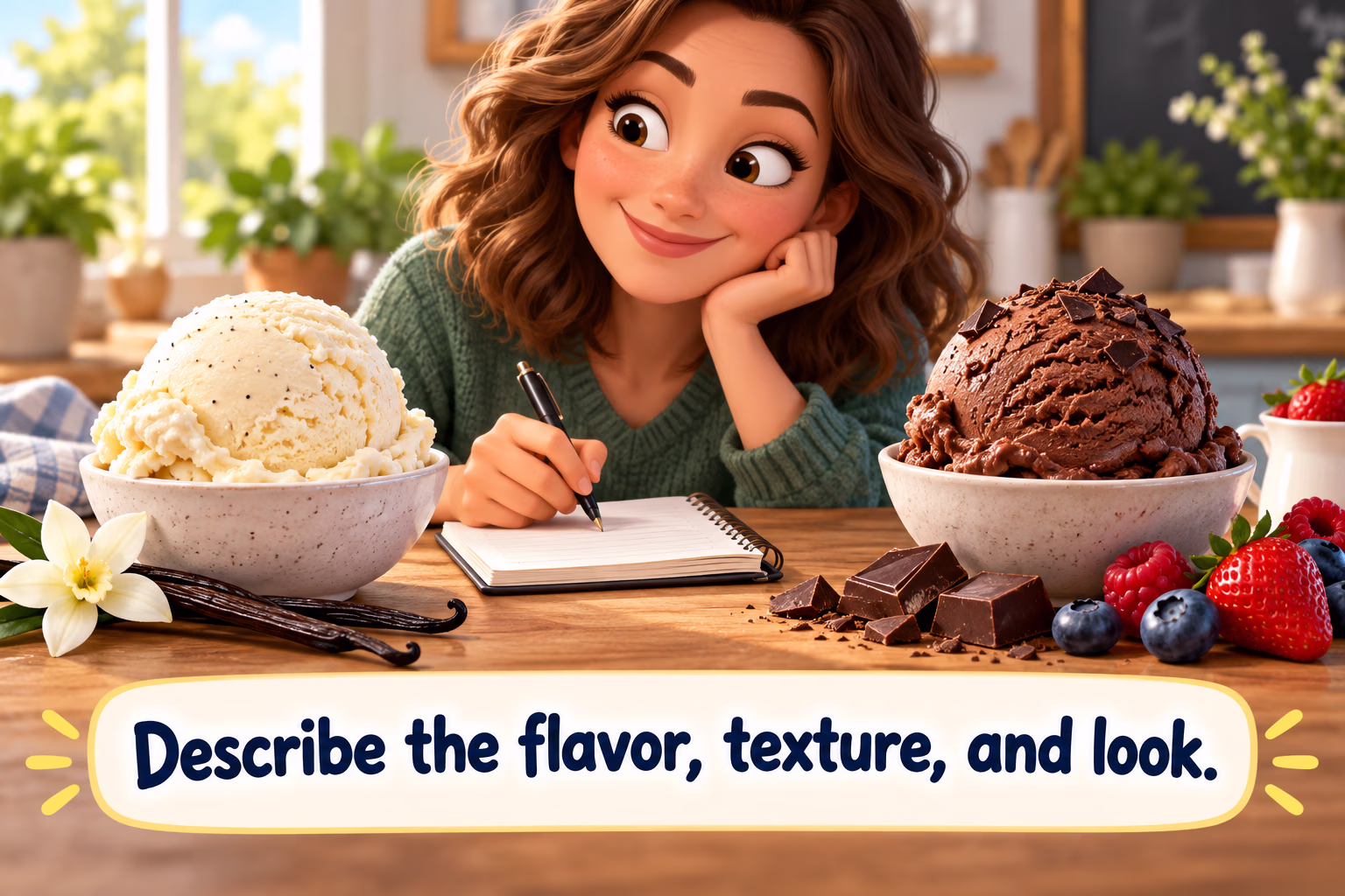 A person compares scoops of ice cream while noting their flavor, texture, and appearance.