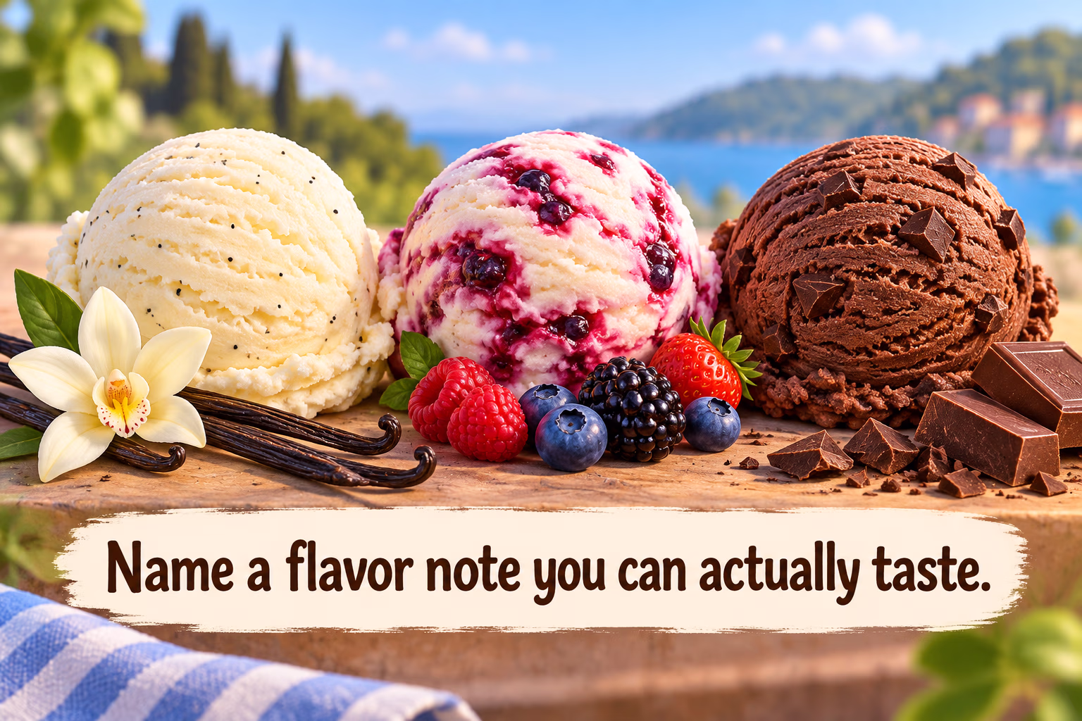 Scoops of vanilla, berry, and chocolate ice cream illustrate how to describe distinct flavor notes.