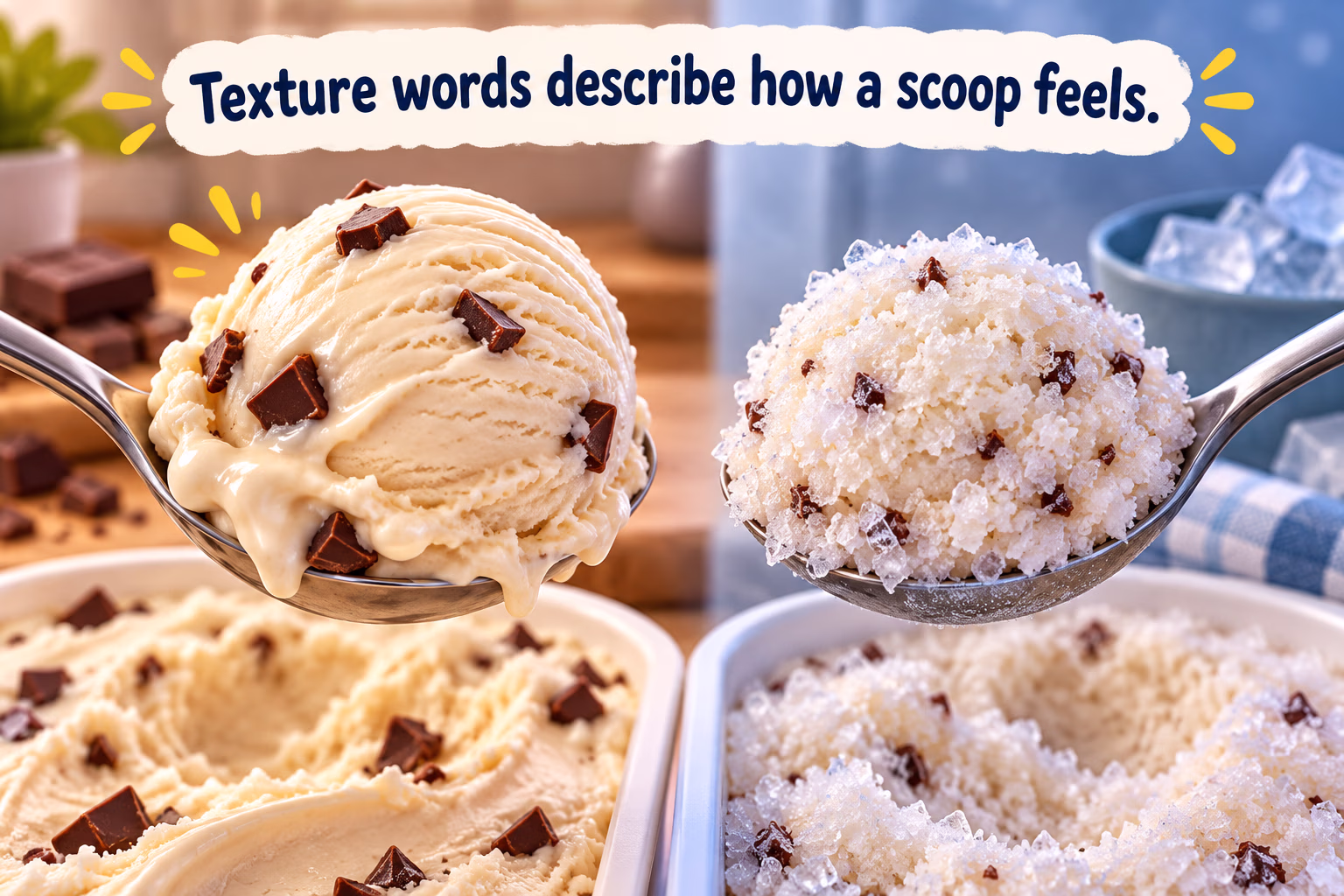 A spoon lifts a smooth scoop of ice cream beside visible chocolate pieces, illustrating texture vocabulary.