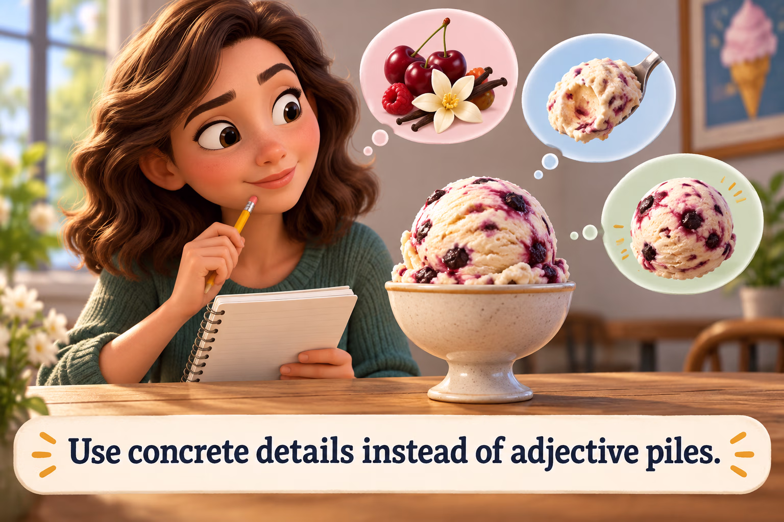 A taster records specific observations about a scoop of ice cream instead of listing vague adjectives.