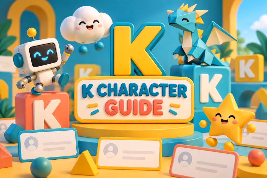 Original 3D cartoon scene of a cube robot, cloud creature, folded dragon, and smiling star around letter K profile cards, with the headline K Character Guide.