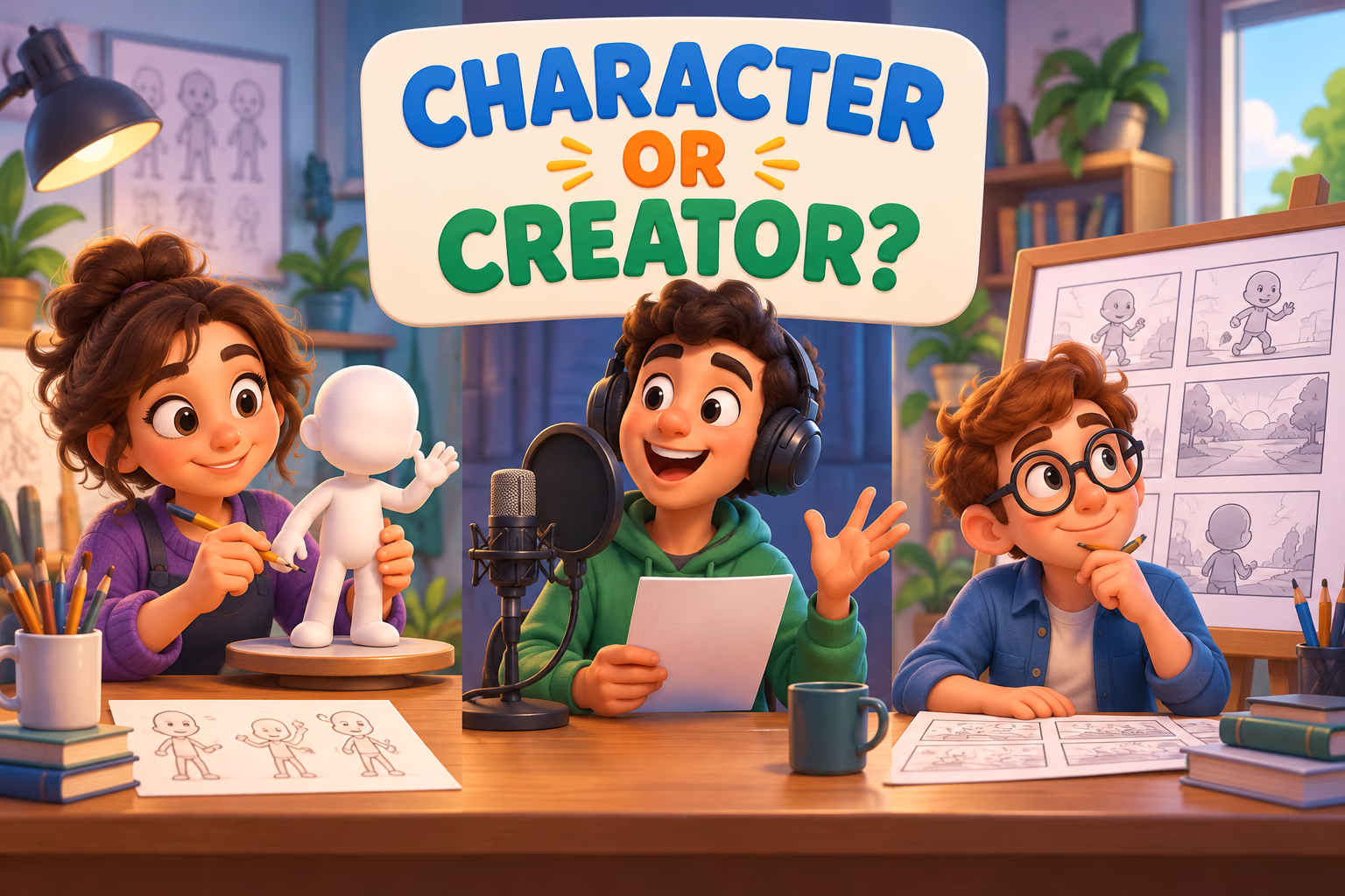 Original creator, voice performer, and fictional-character roles illustrated at a cartoon drawing desk.