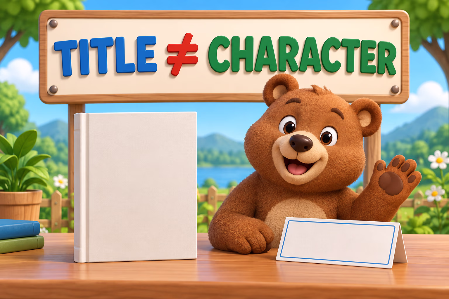A generic storybook and mascot illustrate the difference between a title and a character.
