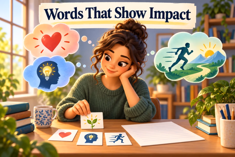 A writer considers word cards for emotional, visual, and intellectual effects while planning a piece of writing.