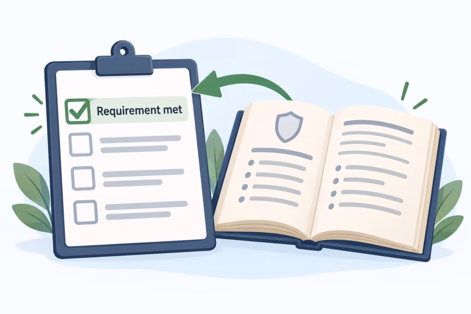 A checklist beside a rulebook labeled “Requirement met”