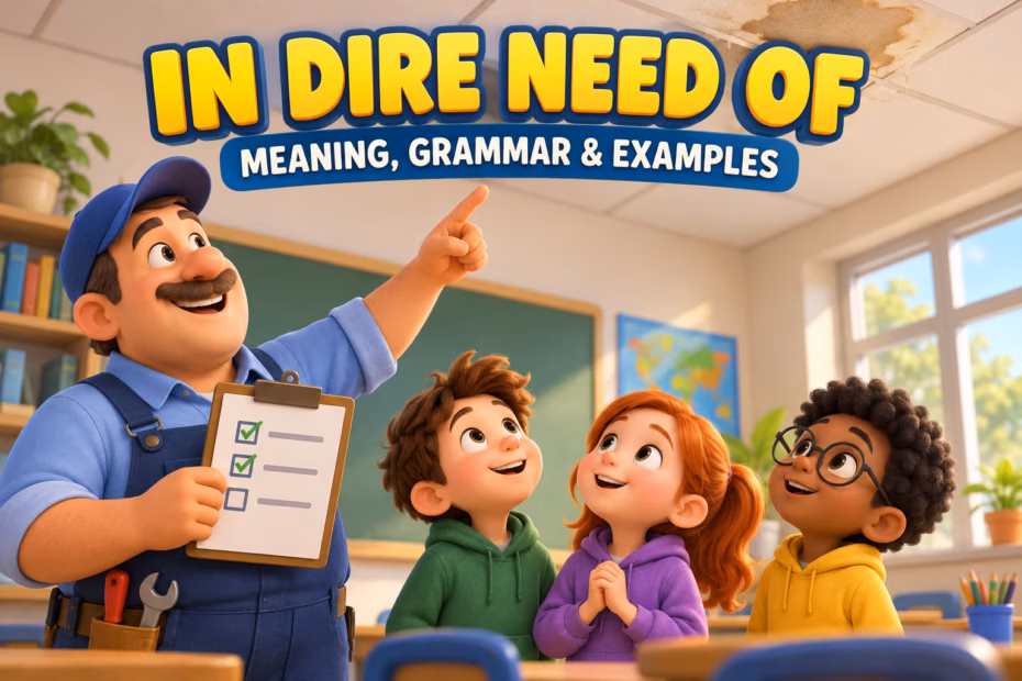 Playful classroom illustration for the phrase in dire need of, with a teacher and students reviewing a roof repair checklist.