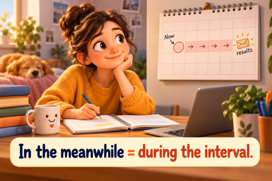 A student studies while waiting for exam results, showing the interval between two events. In the meanwhile means during that interval.