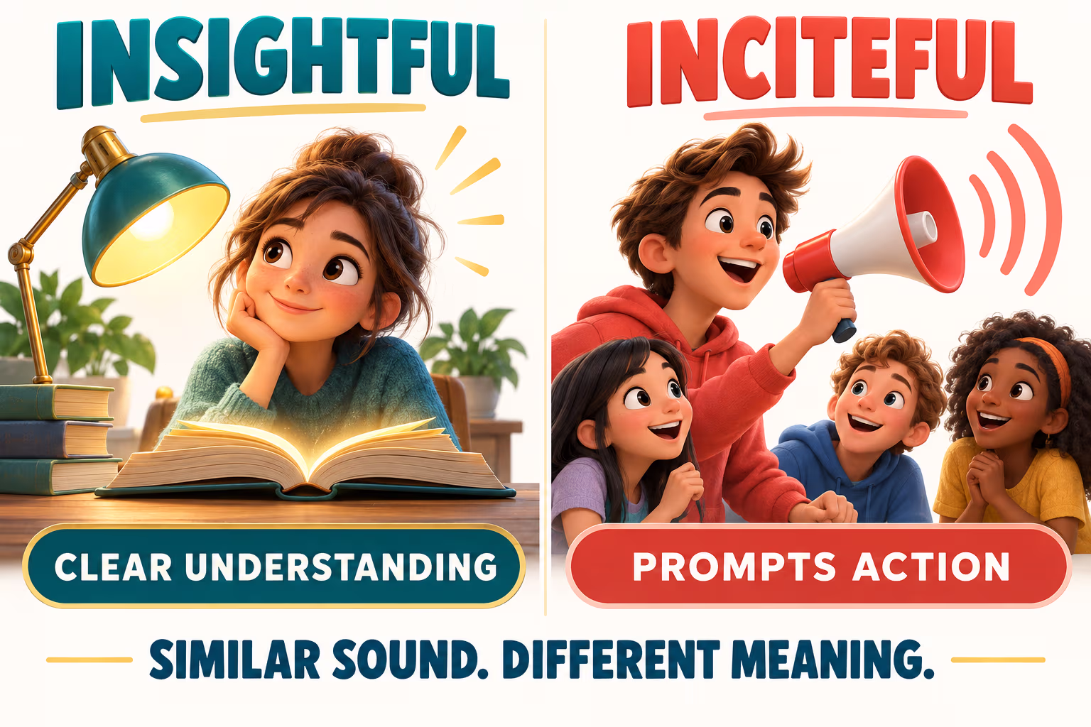 Infographic contrasts insightful, meaning clear understanding, with inciteful, meaning liable to provoke; it recommends a clear alternative for formal writing
