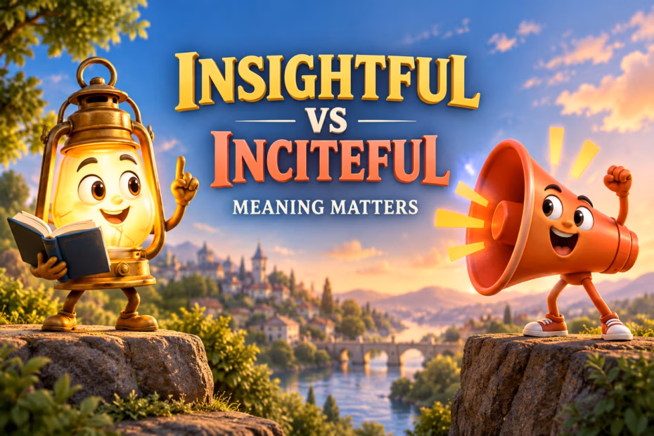 3D illustrated comparison titled Insightful vs Inciteful: Meaning Matters, with a book character on one side and a megaphone character on the other