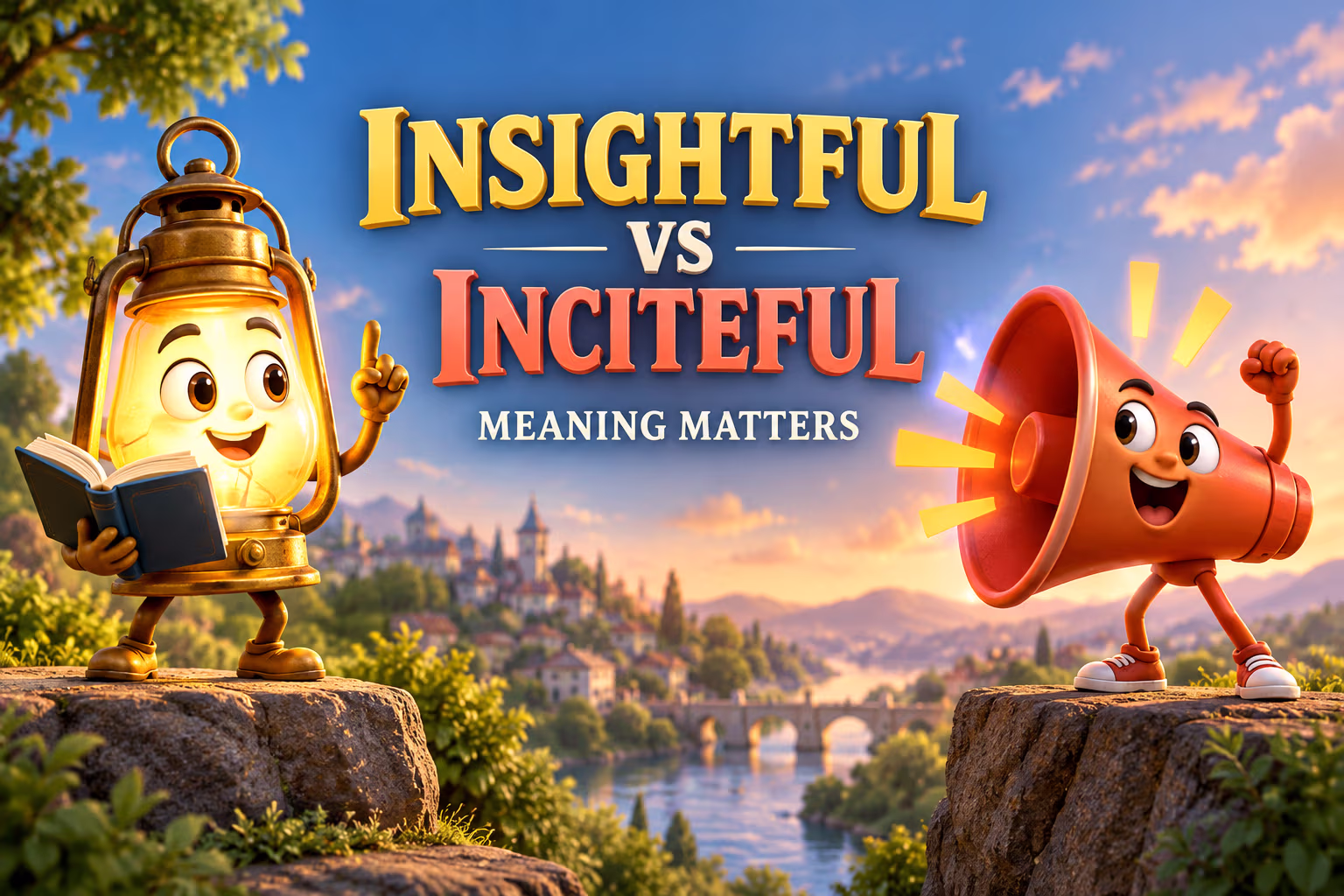 3D illustrated comparison titled Insightful vs Inciteful: Meaning Matters, with a book character on one side and a megaphone character on the other