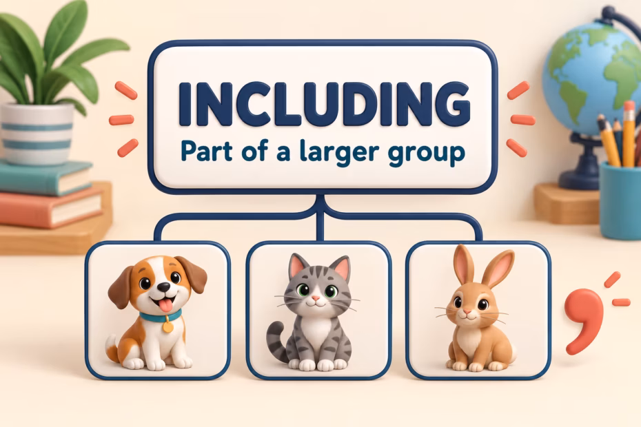 Grammar guide graphic with “including” above a short list representing members of a larger group, plus comma marks