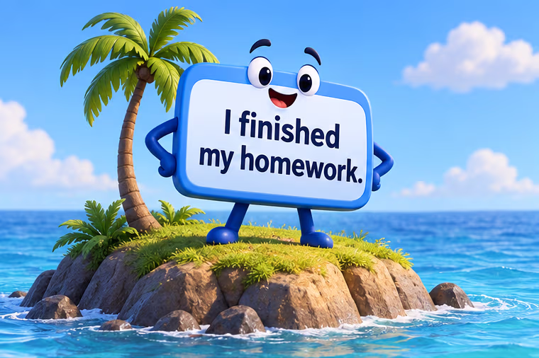 A sentence card reading “I finished my homework” stands alone on an island.