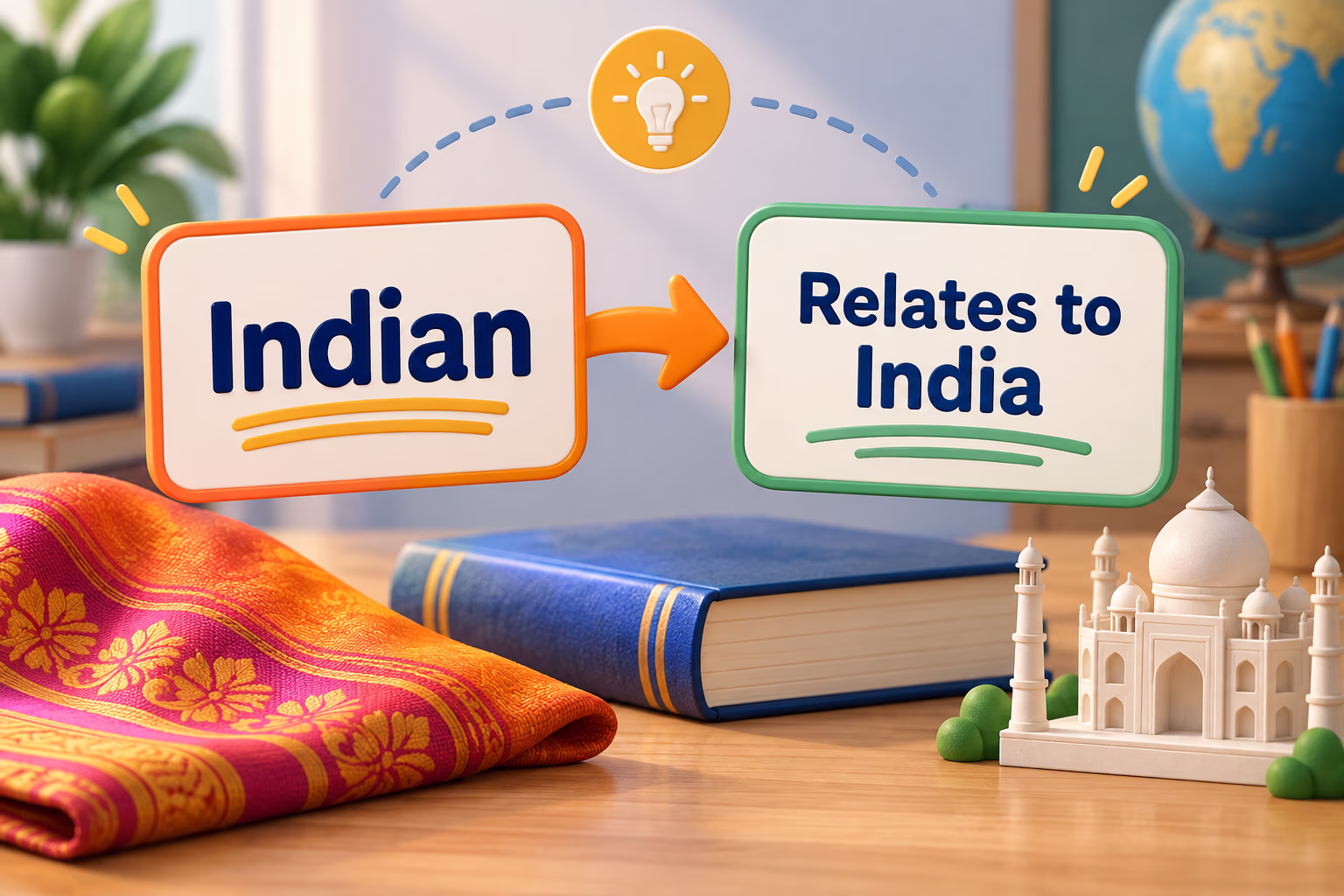 A dictionary-style concept card connects Indian to India beside a colorful textile, book, and Taj-style monument.