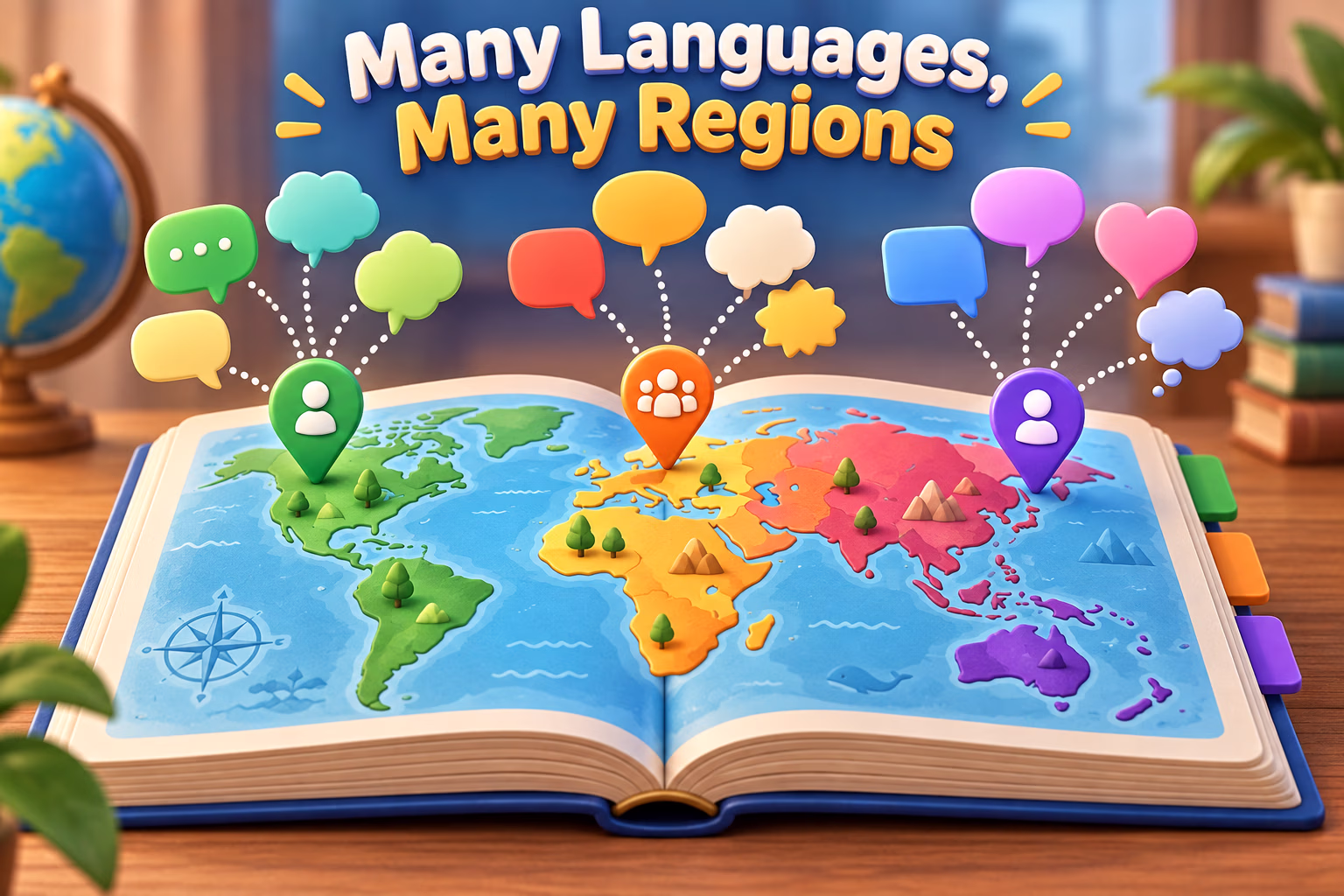 An open atlas displays varied abstract speech bubbles over a world map, illustrating language diversity across regions.