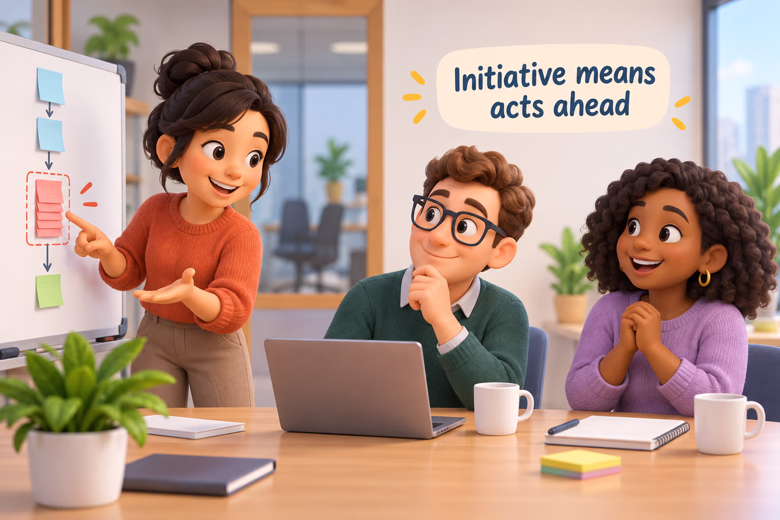 A teammate suggests an improvement before being asked. Label: Initiative means acts ahead.