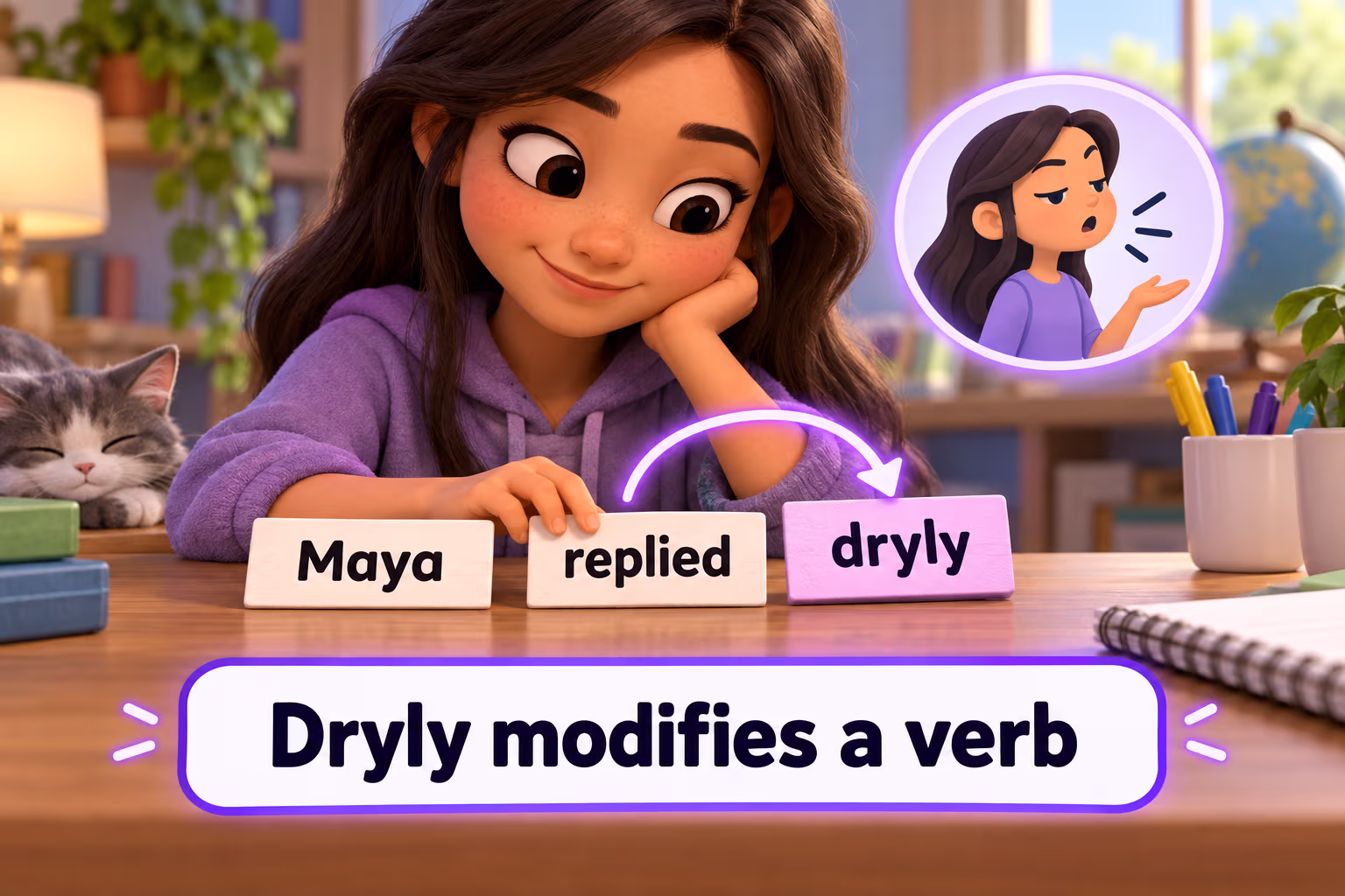 A student arranges the sentence “Maya replied dryly” to show that dryly modifies the verb replied.